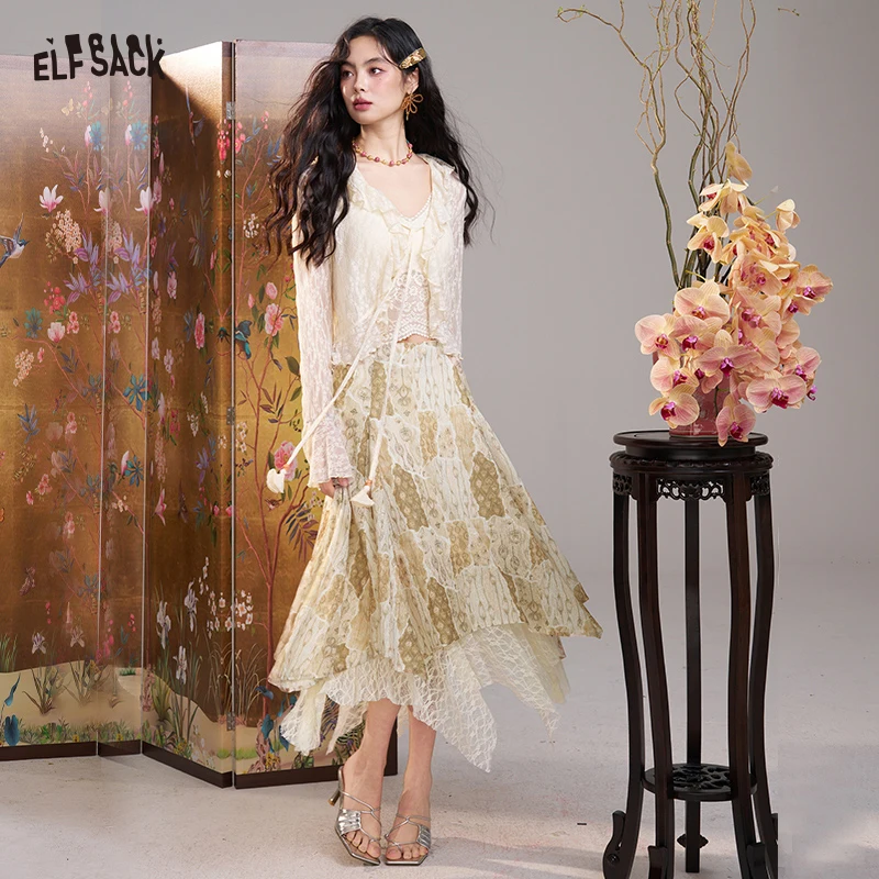 

ELFSACK Lace Patchwork Maxi Skirt, Asymmetrical Ruffle Hem Romantic A-Line Skirt