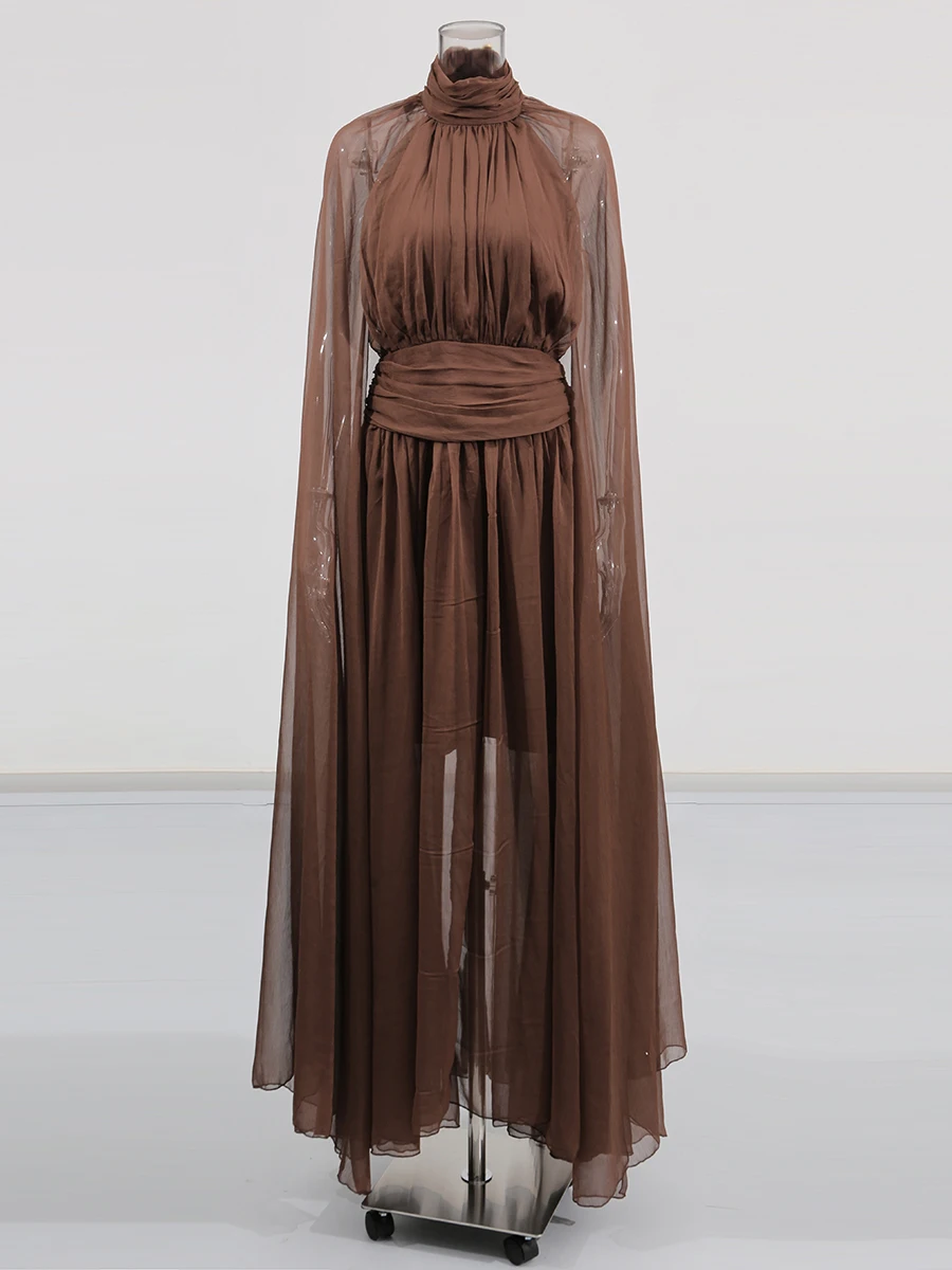 TWOTWINSTYLE solide minceur épissé plis tempérament robes pour femmes col haut manches longues dos nu robe transparente femme nouveau