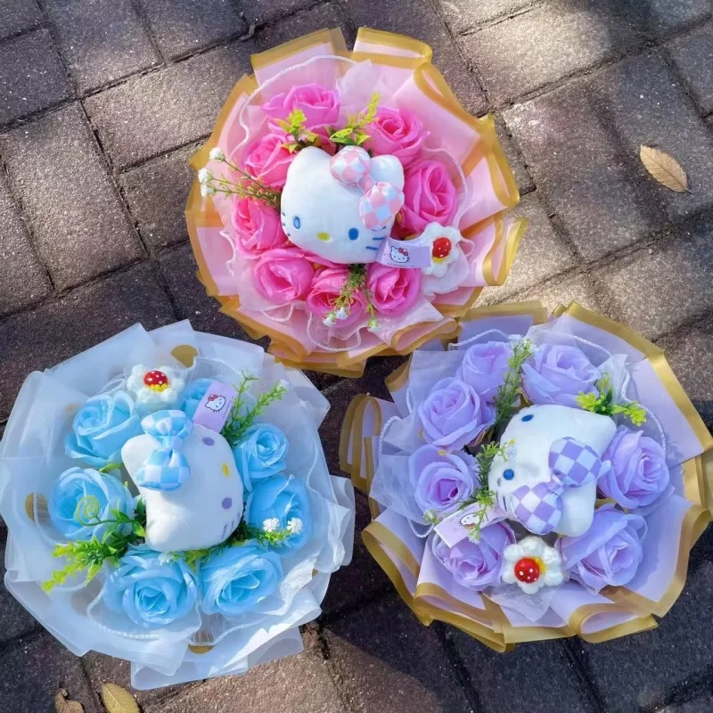 Echte Hellokitty Katzen-Plüschpuppe Gefüllte Tiere mit Blumen Kreativer Handgefertigter Blumenstrauß Valentinstag Weihnachten Abschlussgeschenke – Detail 4