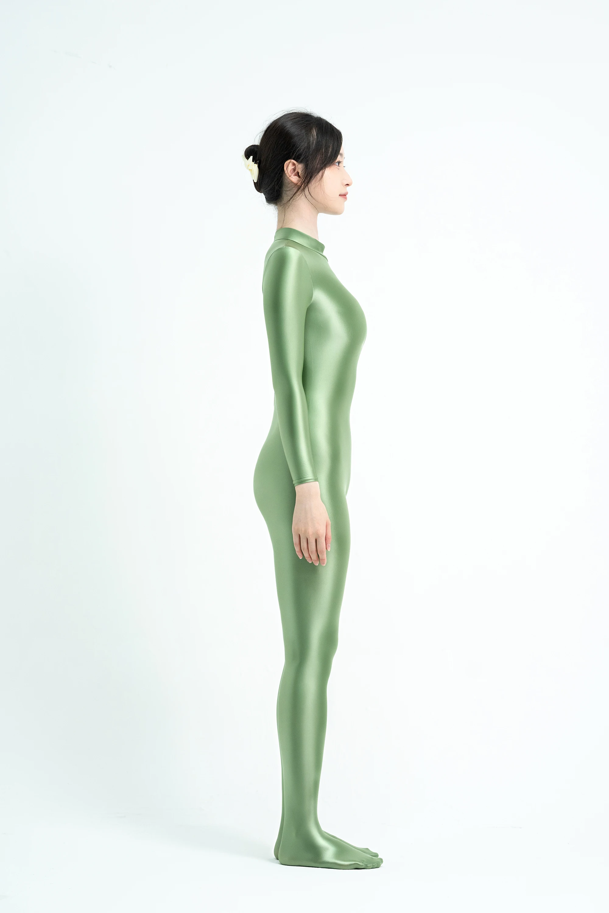 XCKNY Satin Glossy One Piece bodysuit Sexy Oil High Neck  zipper Long Sleeve Full body Tight Pants Silk leotard