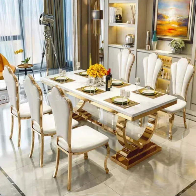 Golden Luxury Kitchen Table Marble Modern Rectangle Stable Design Plated Stainless Steel Frame Dining Table Chairs Furniture