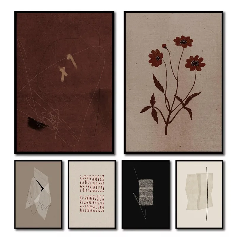 Affiche murale style Wabi-Sabi minimaliste, lignes géométriques neutres, fleurs brunes, peinture sur toile, décoration murale pour la maison et la chambre