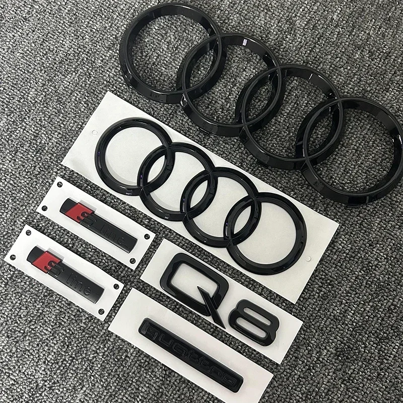 

for AUDI Q8 4-Ring logo ABS Black Hood Front Grill Emblem Rear Trunk Badge Q8 Sticker Quarrto Sline Emblem For Q8 2018-2024