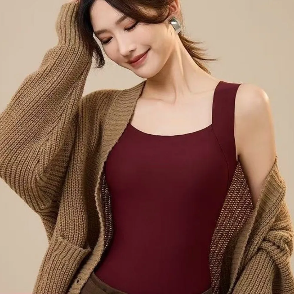 Breathable Built-in Bra Seamless Camisole U Neck Fixed Cup Bottoming Underwear Wireless Solid Color Velvet Camisole Indoor Wear