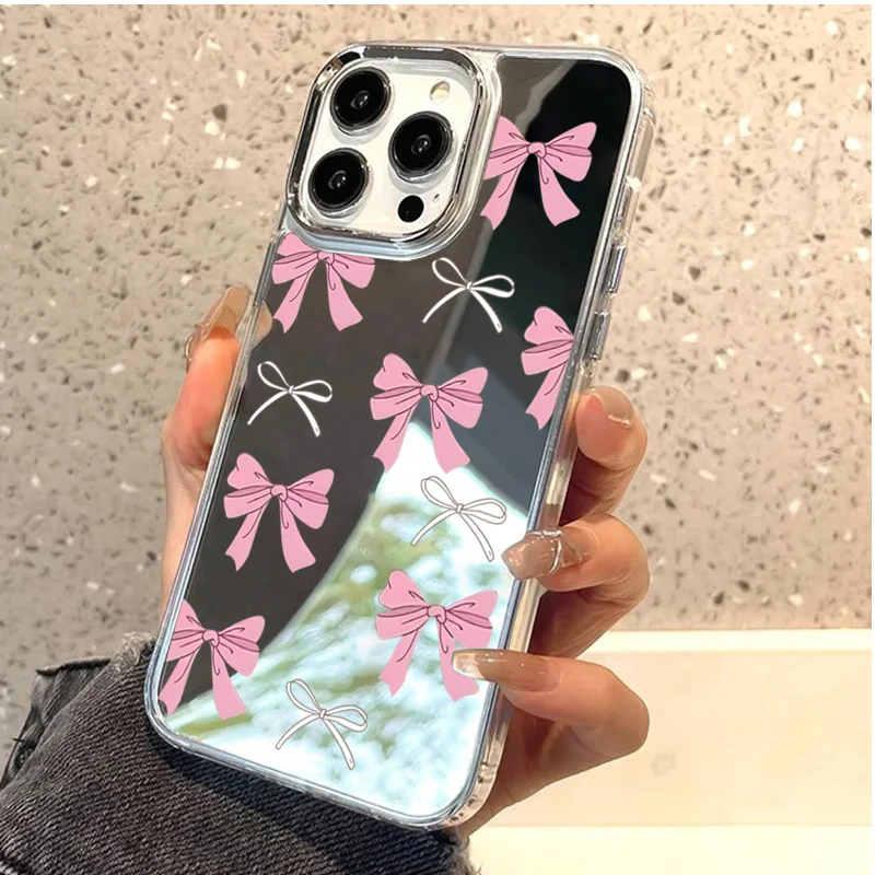 Cute Pink Black Bow Pattern Mirror Phone Case for iPhone 17 16 Pro Max 15 14 Plus 11 12 13 Pro Max 16E Shockproof Clear Cover - view 5