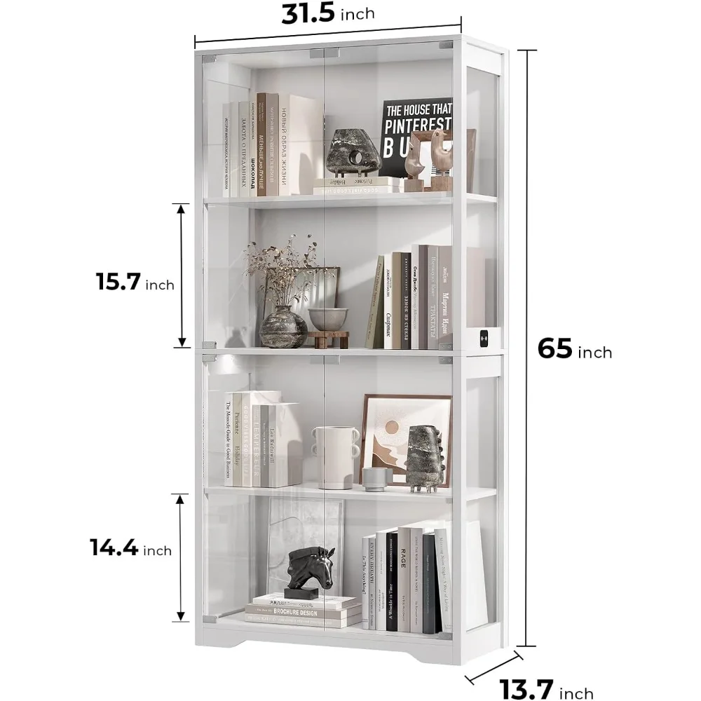 Display Cabinet with Glass Doors, 4-storey Exotic Cabinet and Bookshelf, with 3 Colors of Lights