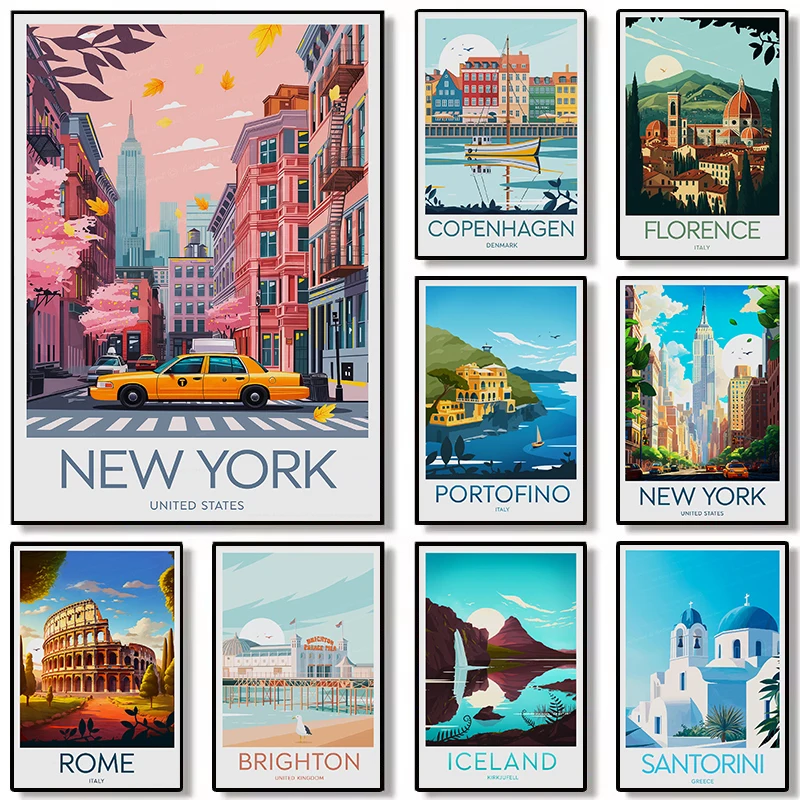 مجردة العالم السفر مدينة نيويورك فلورنسا أيسلندا المشهد المشارك حائط لوح رسم الفن صور ديكور المنزل الداخلي