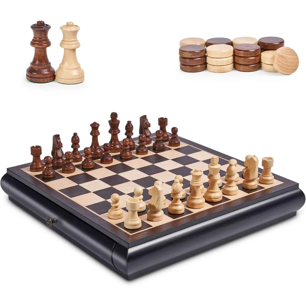 Wooden Chess Checkers Game Set 15.5