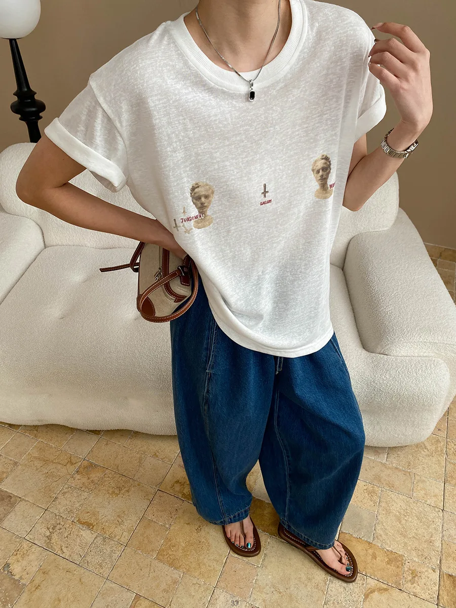 

Spring and summer women's casual statue printed round neck short sleeved loose T-shirt