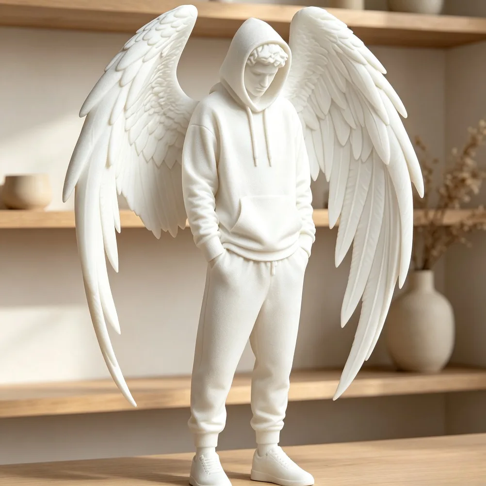 3D Printed Hoodie Winged Angel Statue Street Style Boy Figurine Modern Tabletop Ornament Model Bookshelf Home Decor Gift