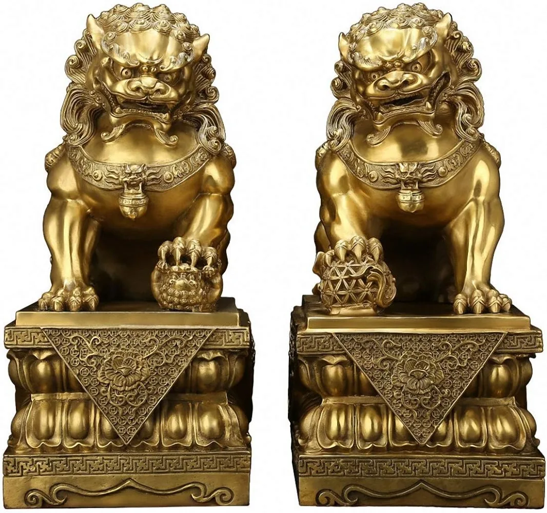 Brass Feng Shui Beijing Foo Fu Dog Guardion Door Evil Lion Statue Pair (9