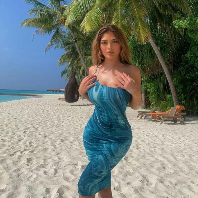 Summer Dress Women Tie Dye Midi Club Outfits One Shoulder Strap Party Sexy Bodycon Dresses