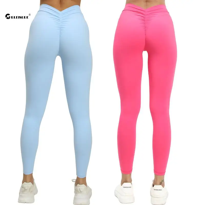 CHRLEISURE Back V Butt Yoga Pants Women Seamless Butt Fitness Leggings High Waist Ruched Tights Elastic Slim Activewear Gym Wear