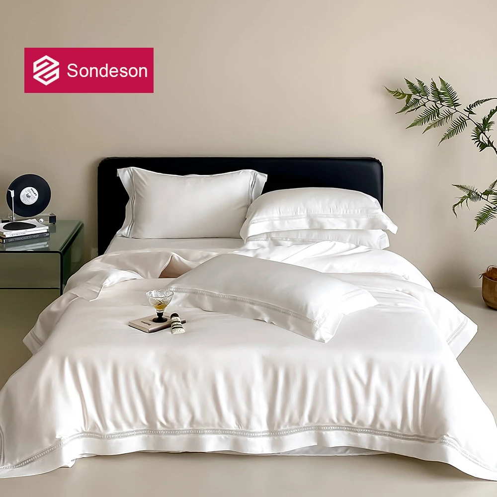 Sondeson Nature 100% Silk Bedding Set Embroidery Duvet Cover Flat Sheet Pillowcase Ultra Soft Breathable Bed Linen Queen King