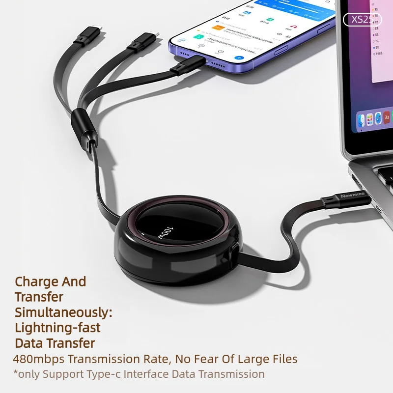 Newmine 100W 3 In 1 Retractable Fast Charger Data Cable 1.2 Meters Charging Portable Micro USB Type C For iPhone Samsung Huawei