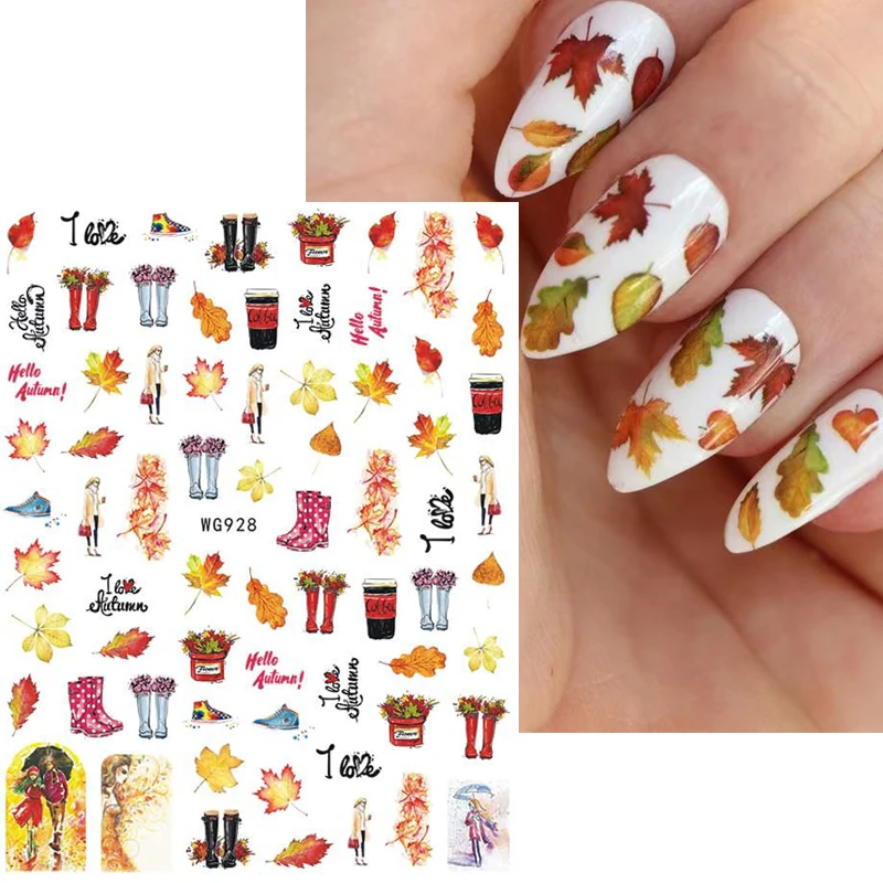 Autumn Flowers Leaves Line Patter Halloween Nails Sticker Nail Art Decorations Decals Slider Foil Manicures Nail Wraps