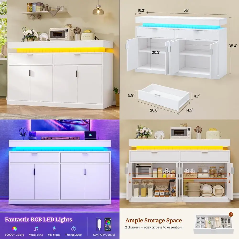 خزانة جانبية بوفيه بيضاء طويلة حديثة مع إضاءة LED ومحطة شحن، أرفف قابلة للتعديل Credenza لبار القهوة والنبيذ