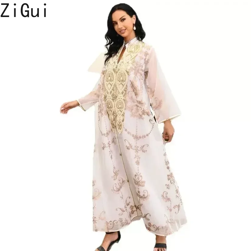 Zigui Evening Modesty Dress Women Muslim Gold Apricot Embroidered Abaya Long Sleeves Robes White Chiffon Dress