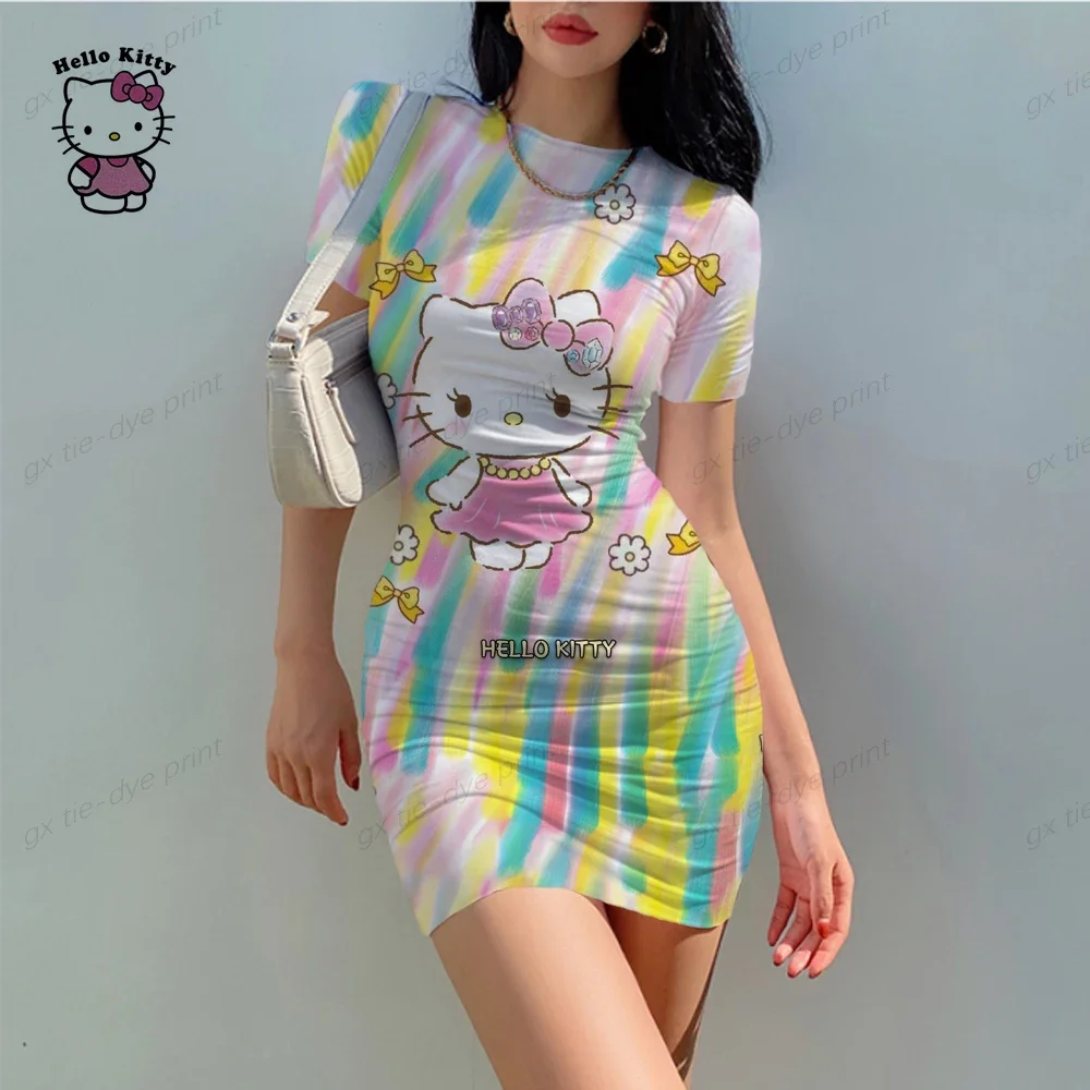 2024 Nieuwe Zomer Dames Ronde Hals Korte Mouw Bodycon Slanke Jurk Jurken Hello Kitty Digital Print Sexy Tas Heupjurk