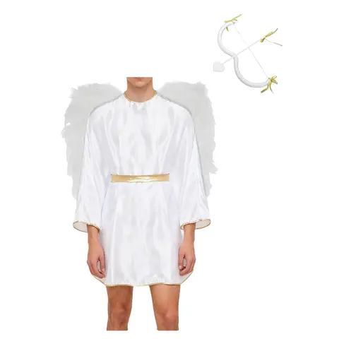 Men Valentine Day Cupid Costume Halloween Carnival Angel God of Love Cosplay Clothes Bat Sleeve Satiny Robe with Wing Bow Arrow