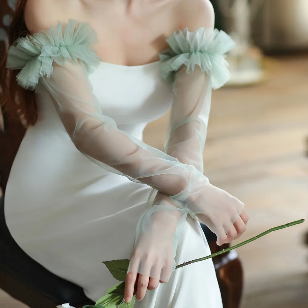 

Gift Korean Style Bridal Arm Sleeves Yarn Solid Color Wedding Long Sleeves Breathable Thin Pleated Lace Arm Covers Masquerade