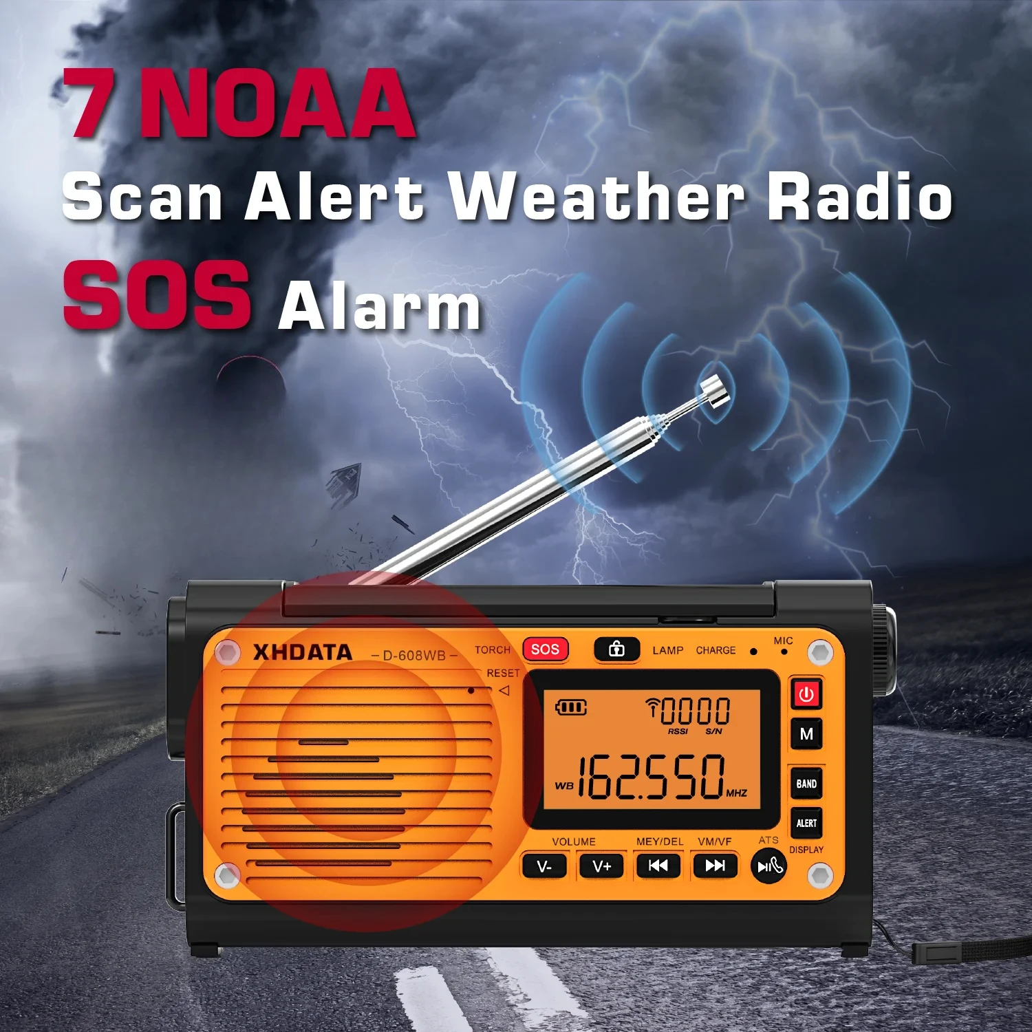 D-608WB Emergency Crank Weather Radio FM/AM/SW/NOAA Alert Portable Radio with Phone Charger, Bluetooth, Battery Operated