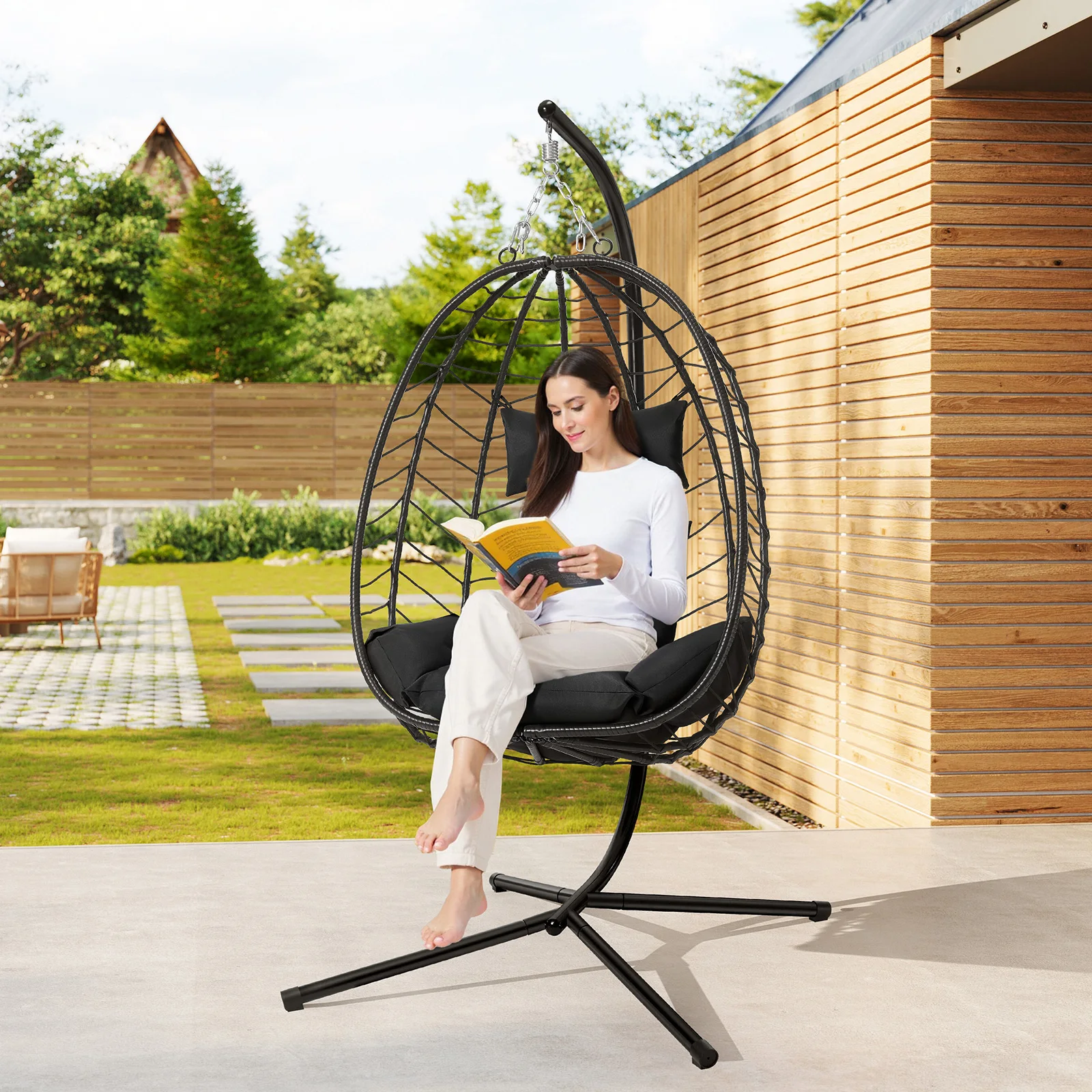 Sillas colgantes para huevos, hamaca columpio, mecedora con soporte de Metal, cojín para asiento, reposacabezas, carga de 150 kg para decoración de jardín, balcón y Patio