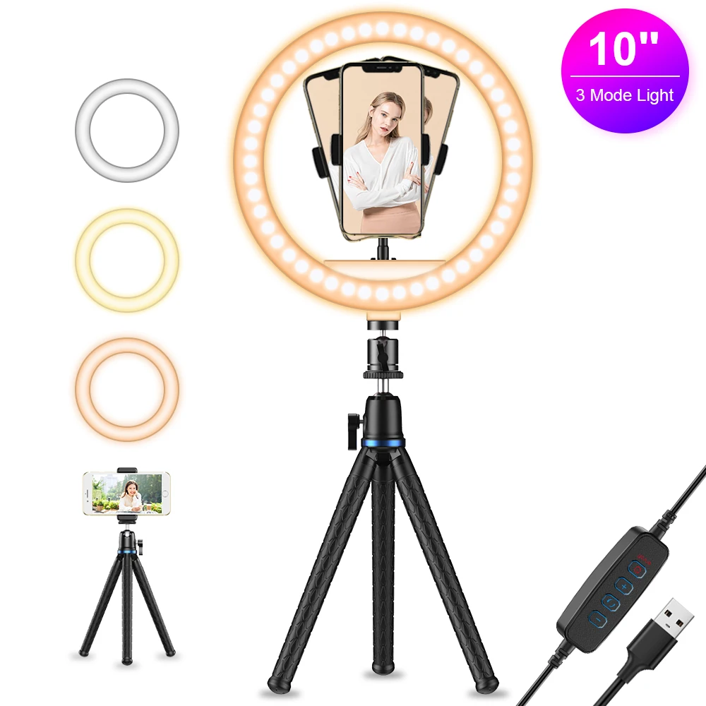 

APEXEL Upgraded 10” Ring Light Desktop Lighting Kit with Phone Holder LED Ringlight for Vlog Video Recording Zoom Meeting Webcam