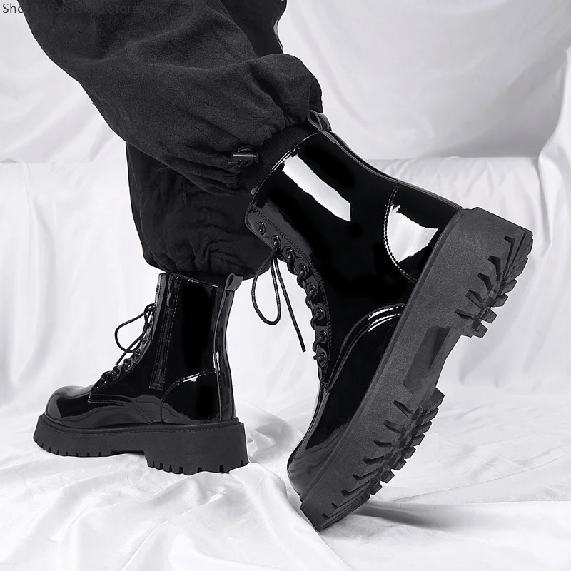 Men's Glossy High‑Top Work Ankle Boots British Style Plus Size Thick Sole Height‑Increase Lace‑Up Cosplay Costume Footwear