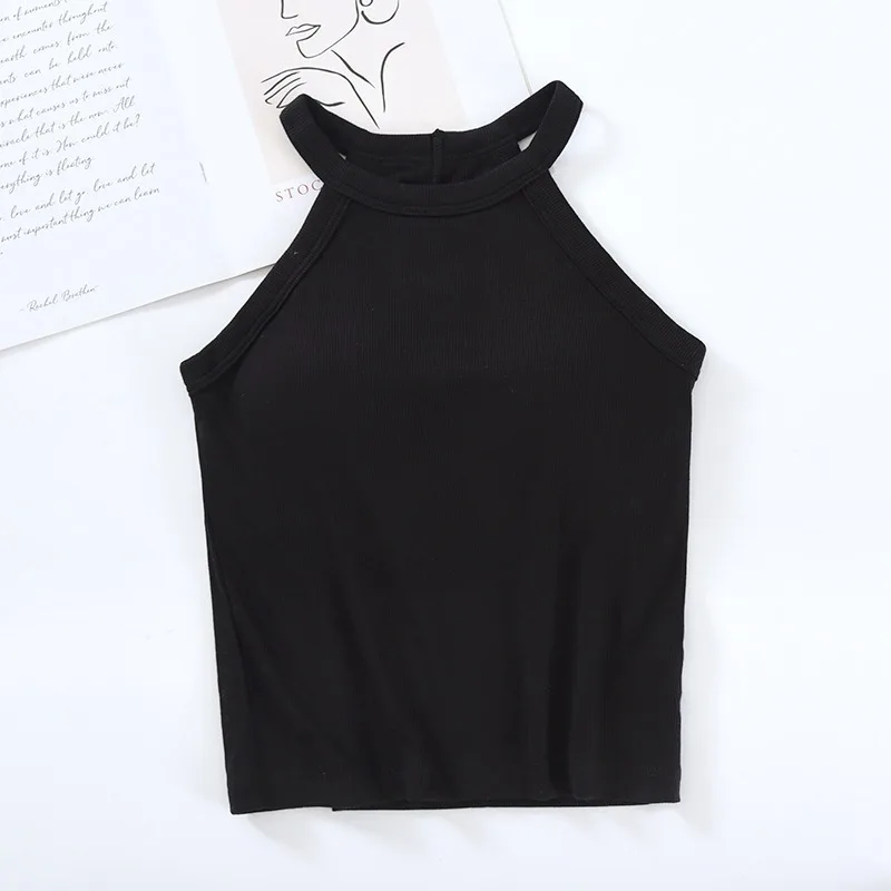 2024 Ribbed Women\'s Camisole with Padded Wireless Bust Sleeveless Sexy Halter Neck Casual Stylish Base Layer Female Top Outwear