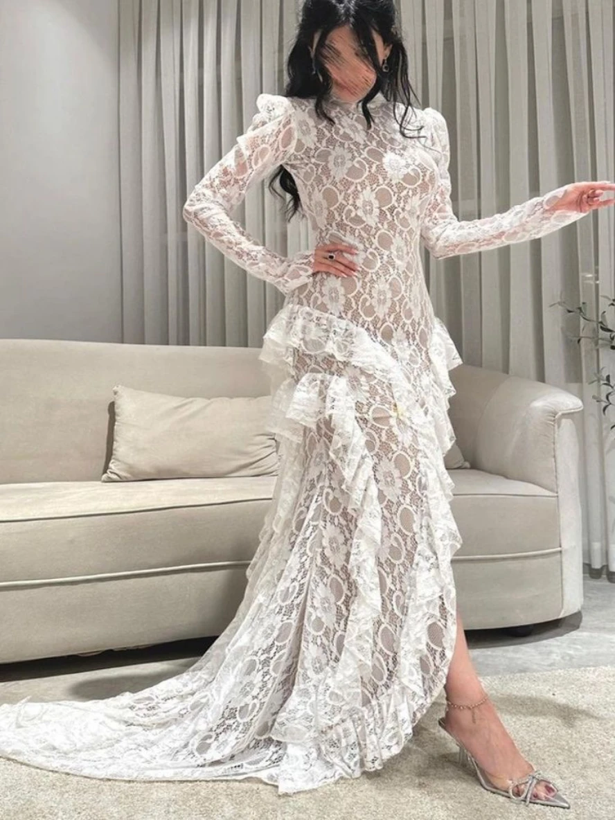 

Customized Ruffles Lace Saudi Arabia Prom Dresses High Collar Long Sleeves Formal Occasion Party Gowns Backless Evening Dress