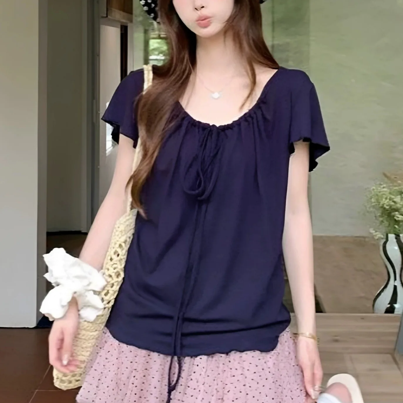Knot Drawstring Short Sleeve T-Shirt Women Summer New Gentle Loose Slimming Korean Waist Cinching Pleated Top Cotton Casual