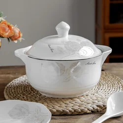 Bone China Rice Noodles Salad Bowl Soup Pot With Lid Dinner Dishes Spoon Tableware