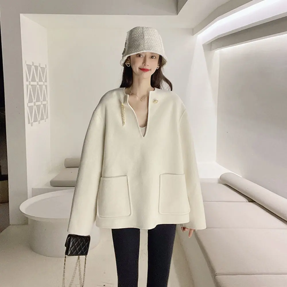 Women Hoody Korean Spring Autumn Fashion New Loose-fitting V-Neck Casual Full Solid Girls Hoody All-match