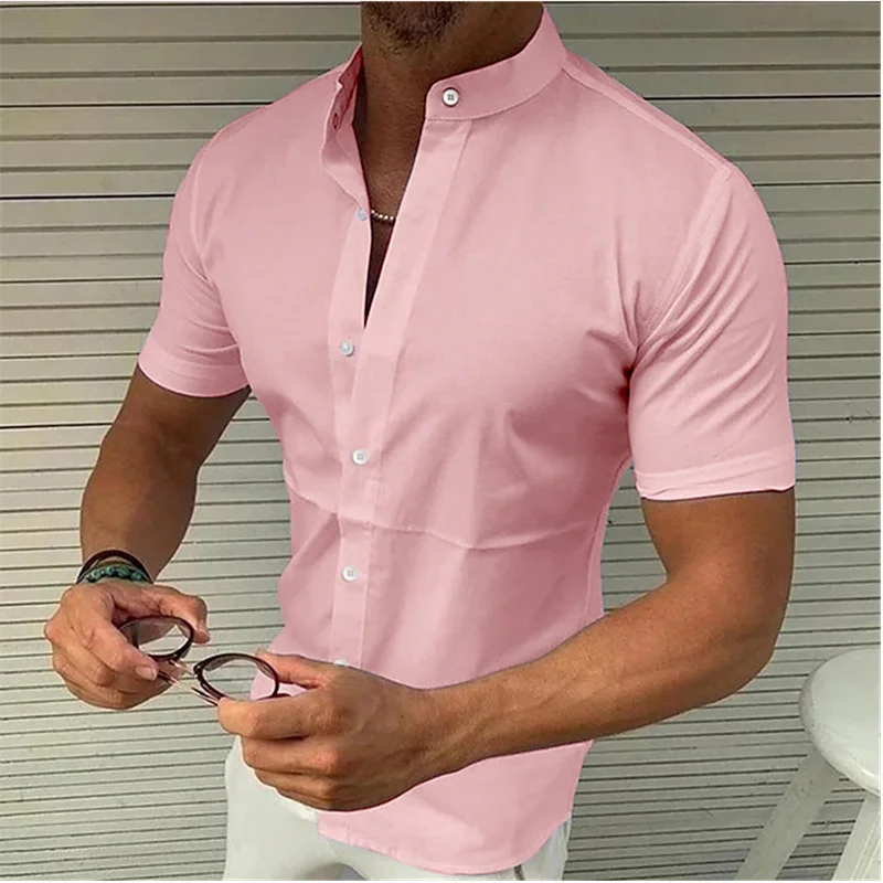 2024 Men\'s Shirt Summer Shirt 9 Colors Short Sleeve Solid Color Stand Collar Outdoor Street Wear Fashion Casual Breathable 5XL