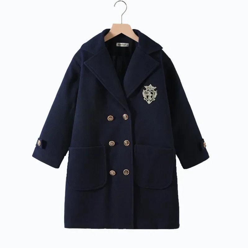 Manteau mi-long en laine de style preppy pour filles, veste d'école pour enfants, vêtements optiques chauds pour adolescents, bleu marine, tout match, décontracté, hiver