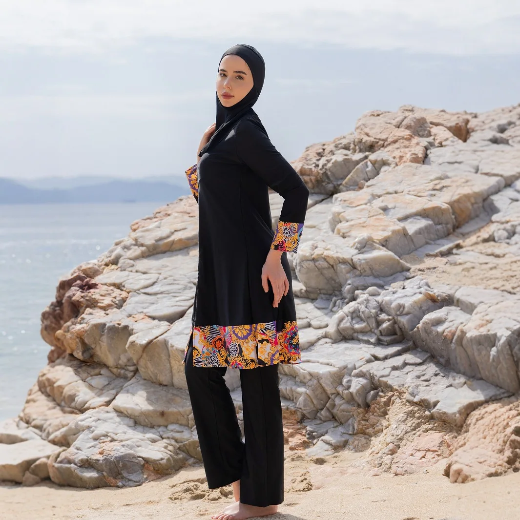 New 2PCS set long sleeved printed Islamic style burkini, women's UV resistant swimsuit, breathable quick drying Muslim beachwear