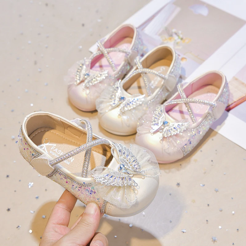Girls Flats Princess Shoes with Lace Bow-knot Children Cross Leather Shoes for Party Wedding Kids Performance Dress Shoes