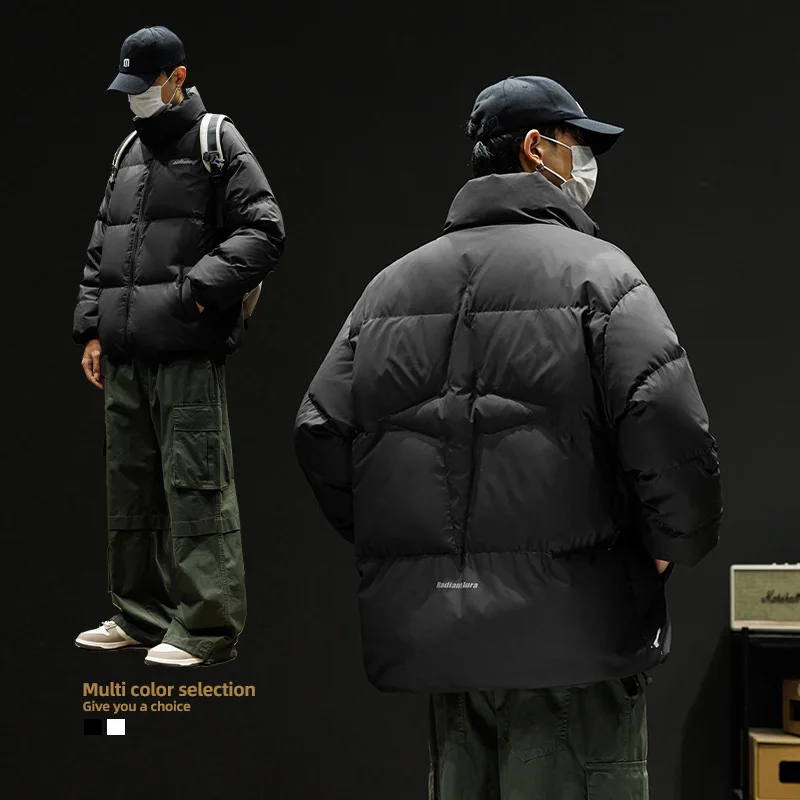 American Style Stand Collar Winter Cotton Jacket Men High Street Trend Letter Print Water Repellent Thick Oversized Coats AU-244