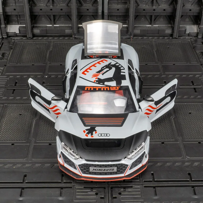 1:24 Audi R8 liga modelo de carro de corrida portas e capô do motor, porta-malas pode ser aberto detalhes ricos, acabamento fino, boa qualidade
