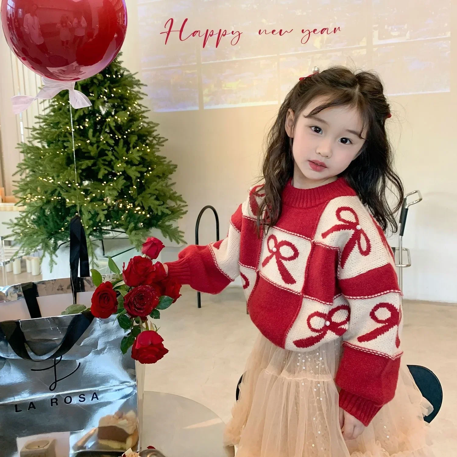 Girls Red Sweater Thickened 2024 Autumn and Winter New Style Children\'s Knitwear Children\'s Christmas New Year Line Clothing