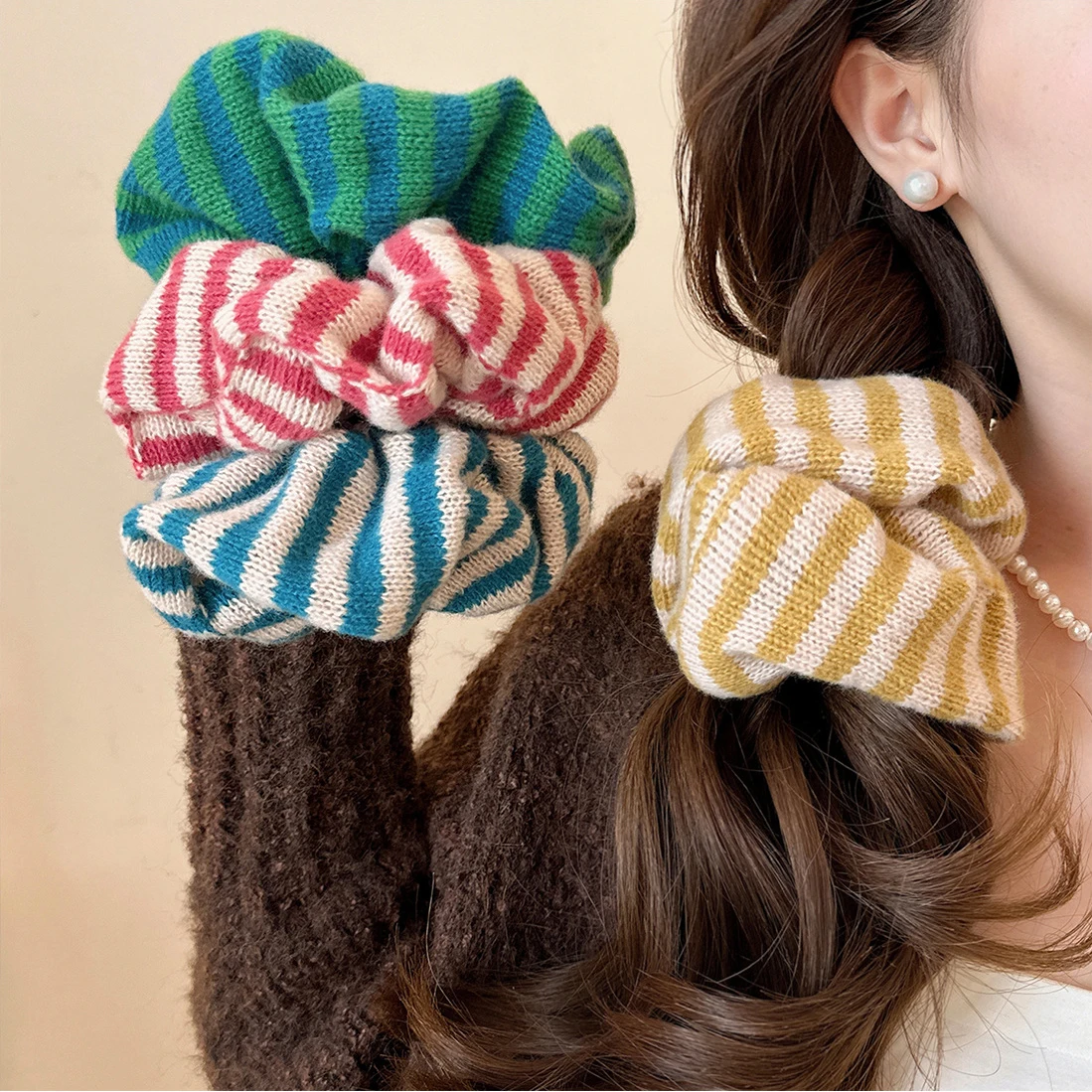 

Stripes Knitted Wool Fabric Large Scrunchies Elastic Hair Bands Women Girls Ponytail Hair Ties Headbands Winter Hair Accessories