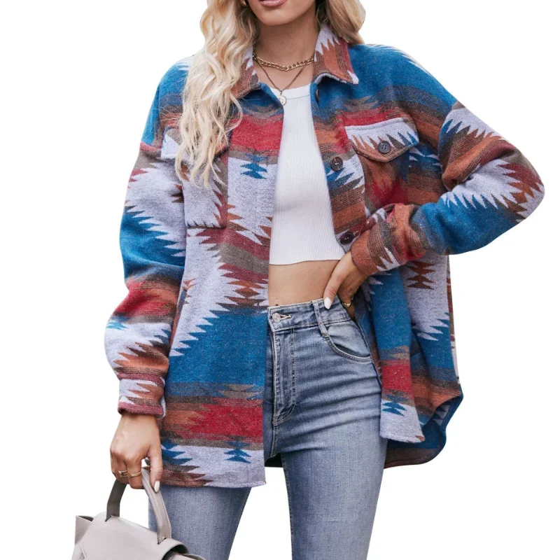 

Women's Clothing 2023 Autumn and Winter New AZTEC Geometric Jacket Shirt Lapel Woolen