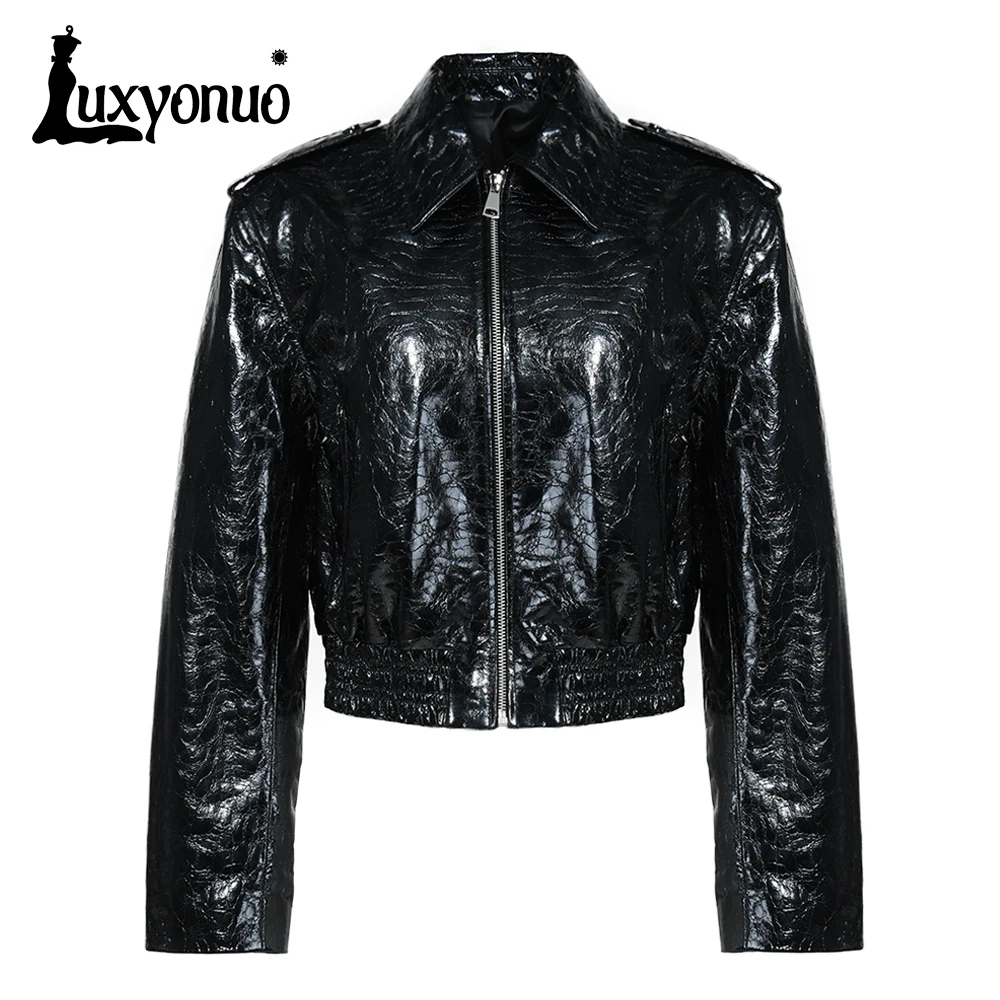 Luxyonuo-Chaqueta de cuero auténtico para mujer, abrigo de piel de oveja de gama alta, abrigos recortados de cuero genuino negro a la moda, novedad de otoño