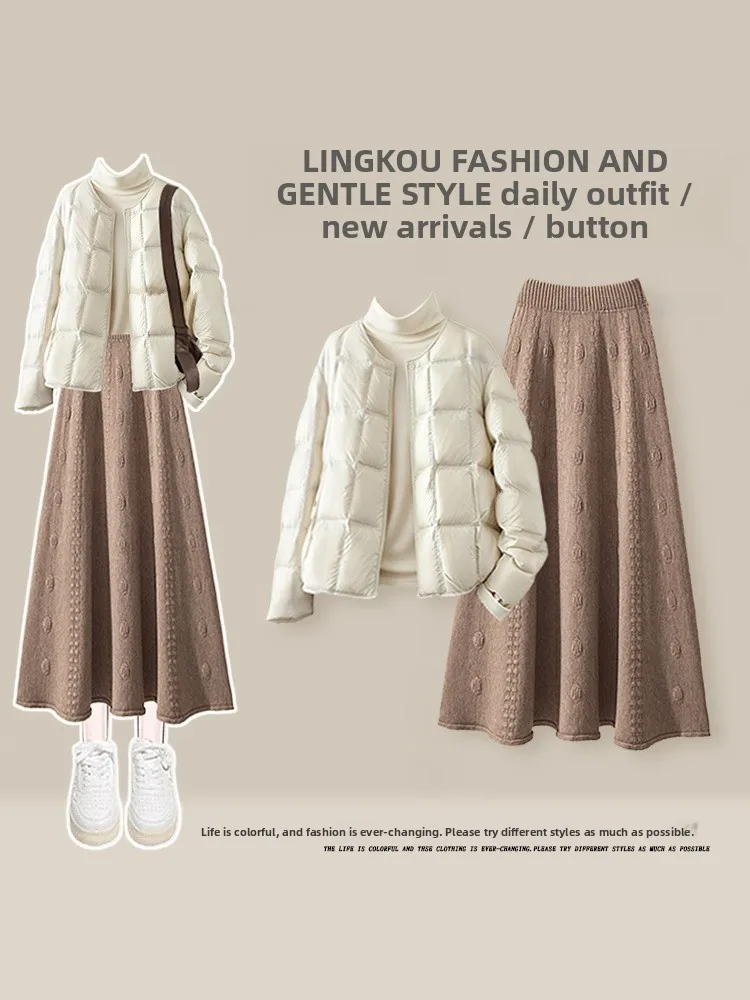 

Korean Sle plus Size Winter Faion Set Women's Soft Wind down Jaet Knitted Slimming Skirt Tee Piece Set