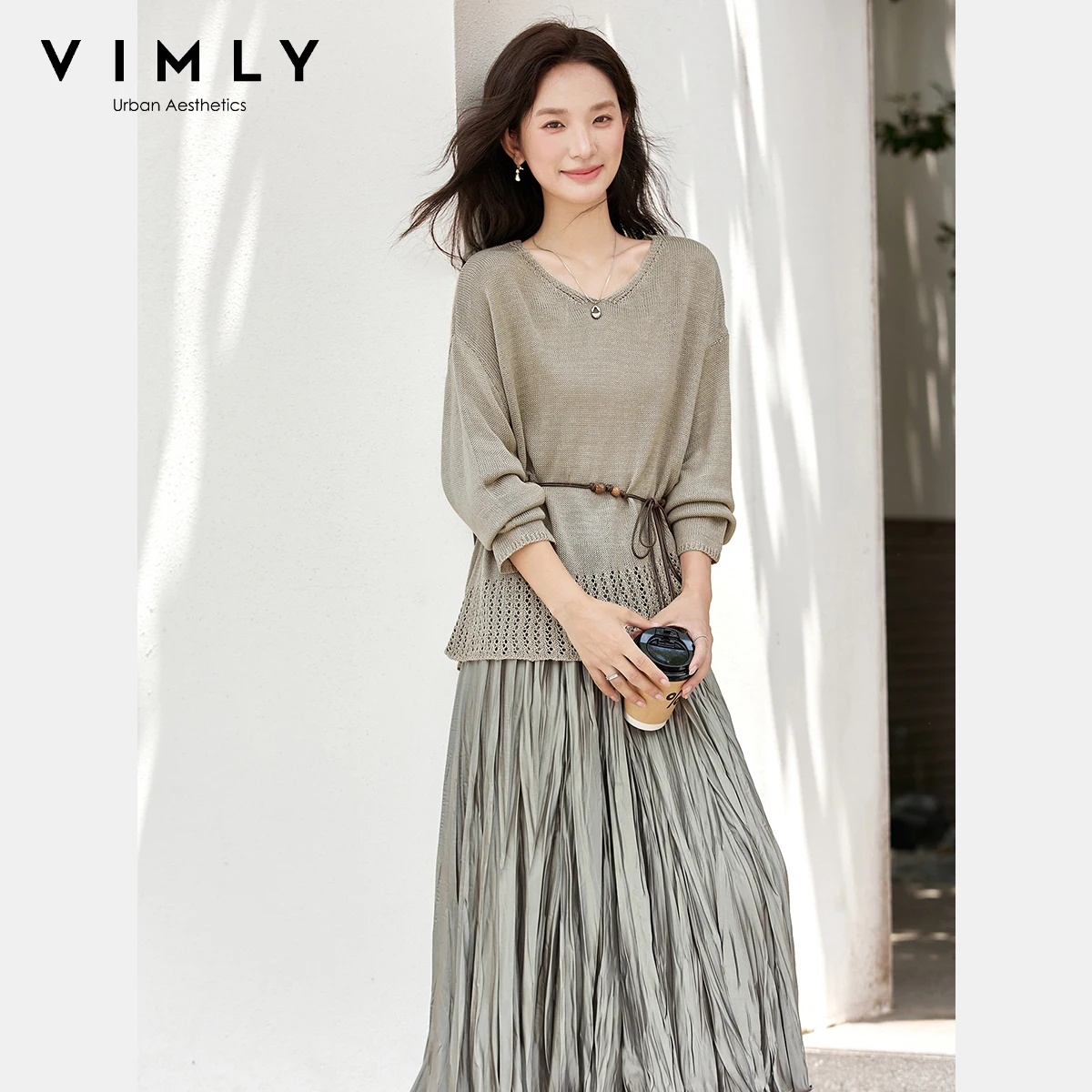 

VIMLY Green Skirt Suit Two Parts Women Autumn 2025 Holiday Elegant Hollow Out Knitted Tops Long Folds Skirts Ladies Suits 30305
