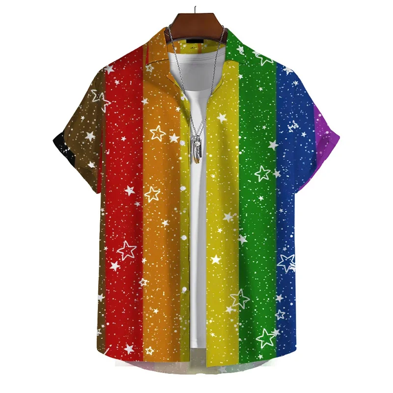 2024 3d Print Rainbow Shirt Men Summer Lapel Short Sleeved Holiday Party Shirts Streetwear Hip Hop Blouse Tops Male Clothing