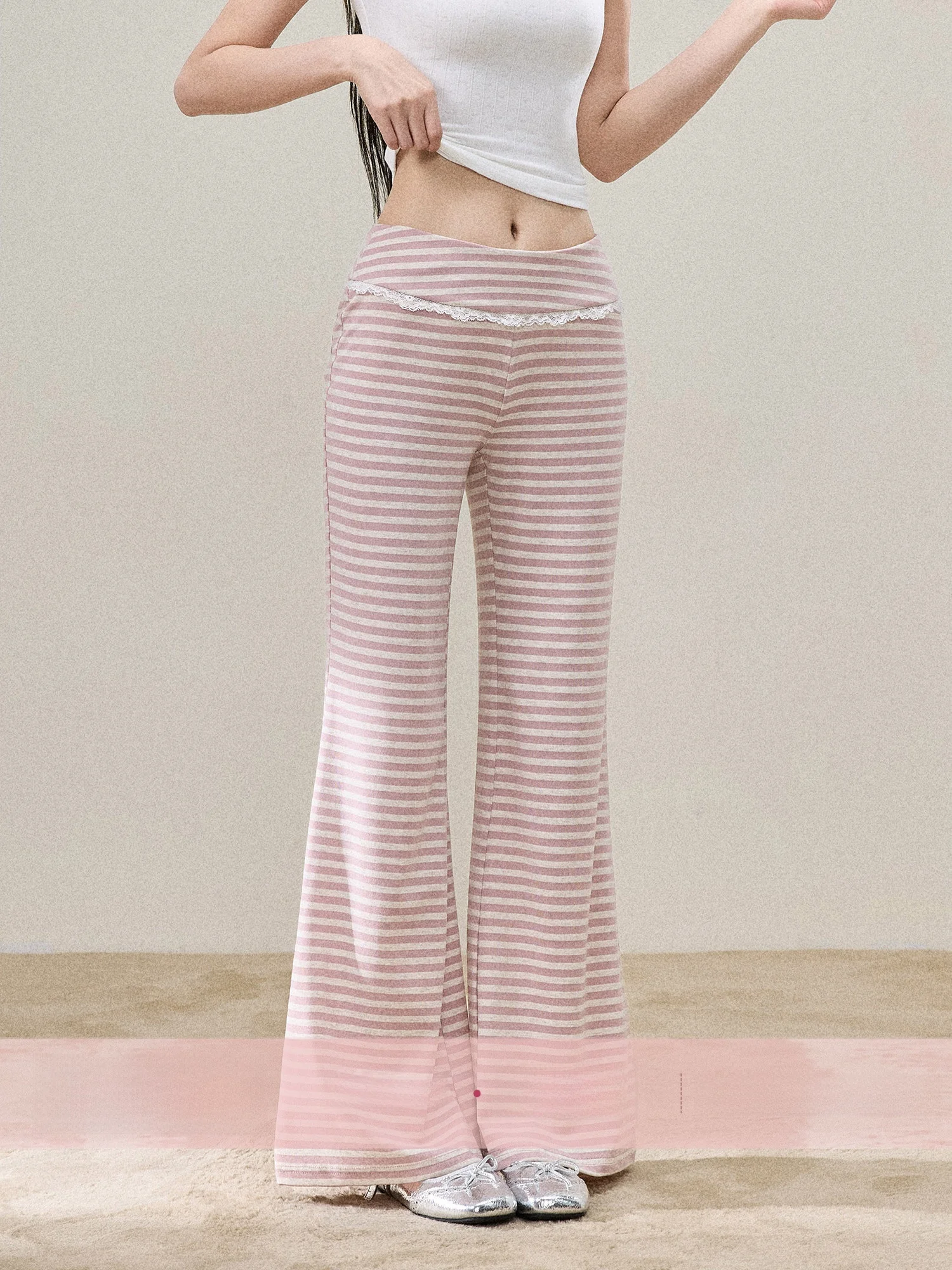 

Pink Striped Lace Trim Flared Casual Pants Women's Spring Summer Design Straight Leg Long Trousers Comfortable Soft Fabric