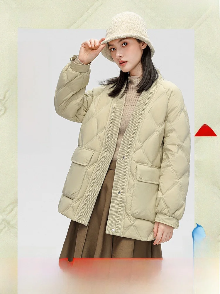 

Зимняя женская короткая пуховая куртка Snow Flng 2023 с большим V-образным вырезом, стеганая, модная, с ромбовидным узором, теплая, из полиэфирного волокна