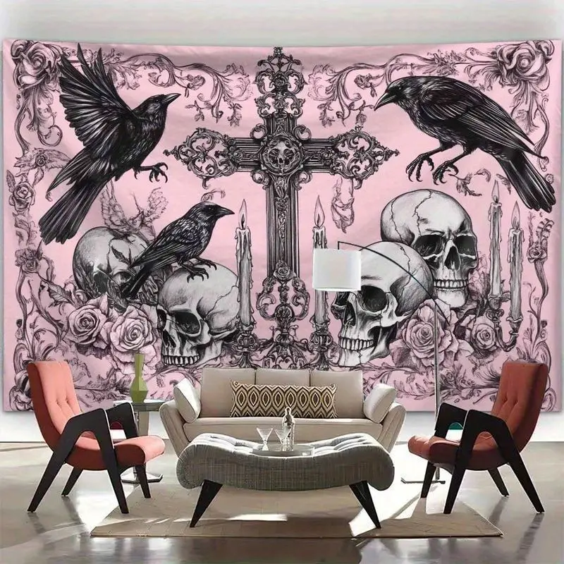 VIKAMA Gothic style Skeleton Crow Tapestry Dark Romantic Background Wallpaper Female Dormitory Live Decoration Room Decoration